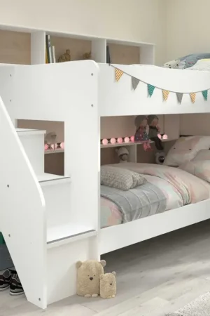 Stapelbed Lester 90x200 met opbergruimte - wit/eik Rechtstreeks Van De Fabrikant