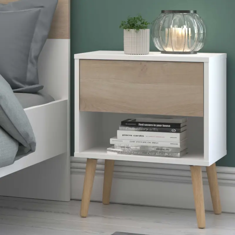 Speciale Aanbieding Nachtkastje Hardy 44cm 1 lade - wit/eik