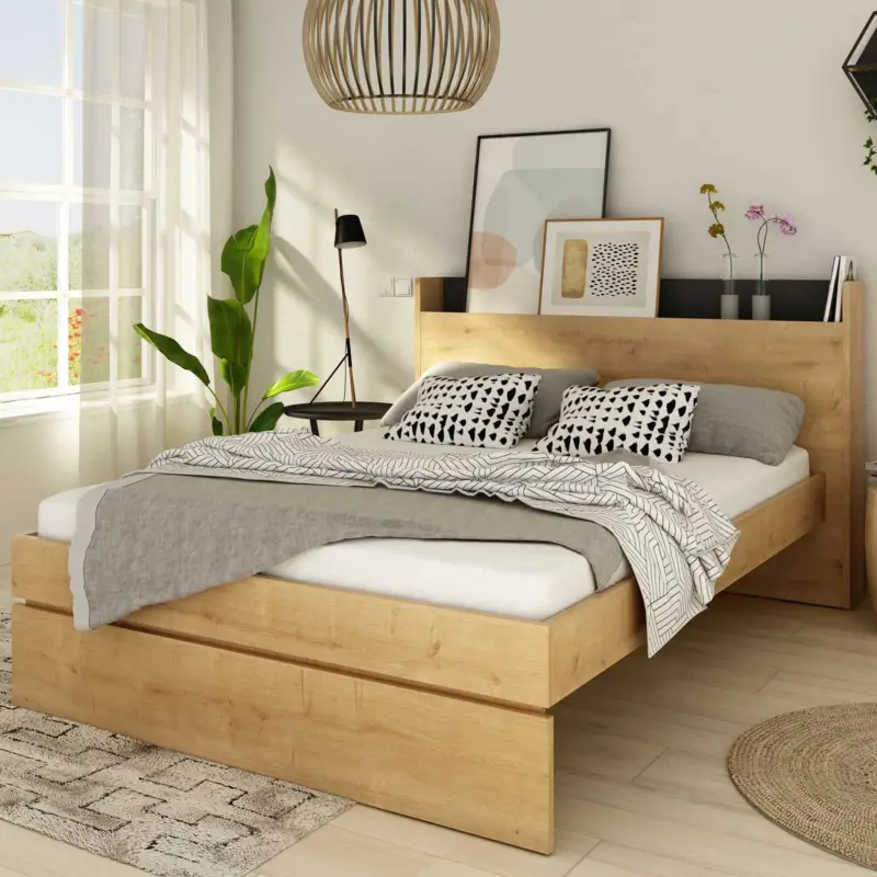 Tweepersoonsbed Sanna 140x190 - lichte eik decor/ zwart Meest Verkocht