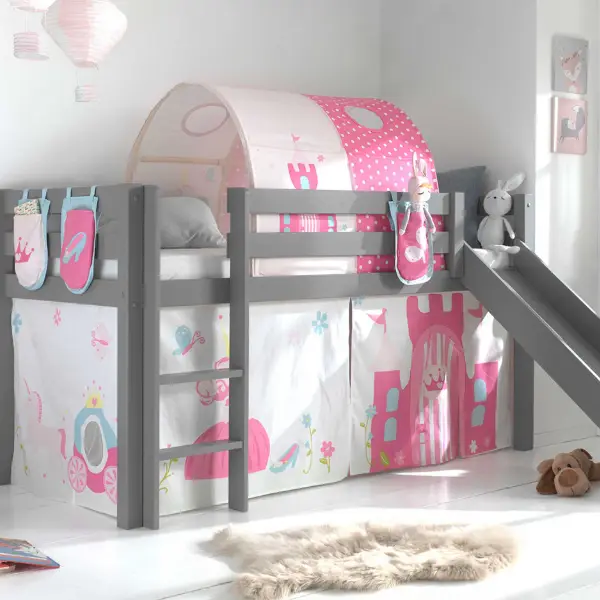 Halfhoogslaper met glijbaan Astrid met bedtent, -tunnel & opbergzakjes Princess II - grijs Fabrieksprijs