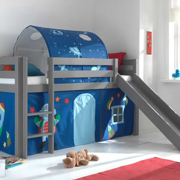 Halfhoogslaper met glijbaan Astrid met bedtent en -tunnel Astro - grijs Seizoensaanbieding