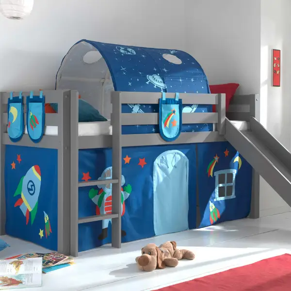 Halfhoogslaper met glijbaan Astrid met bedtent, -tunnel & opbergzakjes Astro - grijs Meest Verkocht
