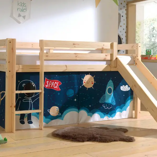 Laatste Versie Halfhoogslaper met glijbaan Astrid met bedtent Space Shuttle - dennenhout