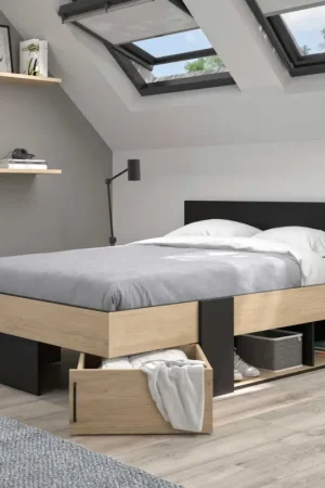 Aanbieding Tweepersoonsbed Swip 140x190cm, 2 lades - eik decor/zwart