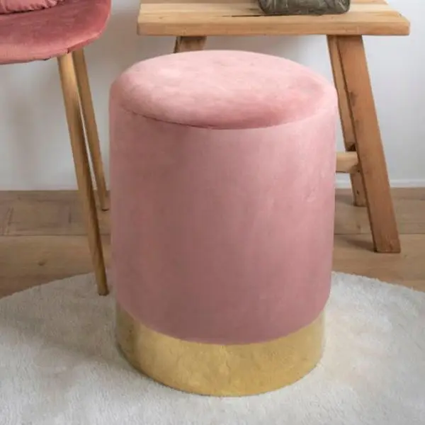 Direct Beschikbaar Poef Gamby | Ø34 x 43 cm | Roze velours / messing