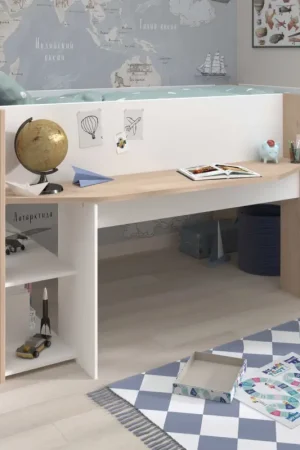 Speciale Aanbieding Halfhoogslaper Shelby - 90x200 - met bureau en opbergruimte - wit/eikdecor