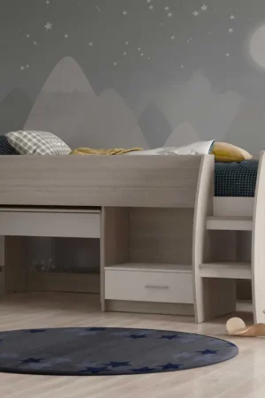 Lage Prijs Halfhoogslaper Noni - 90x200 - met bureau en opbergruimte - eik/wit