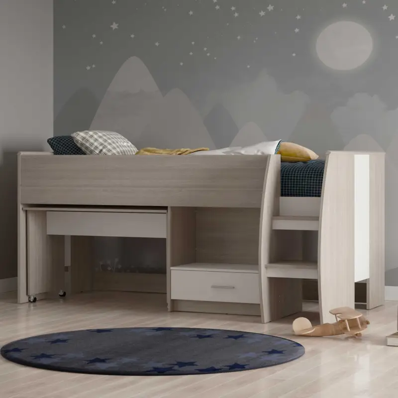 Lage Prijs Halfhoogslaper Noni - 90x200 - met bureau en opbergruimte - eik/wit