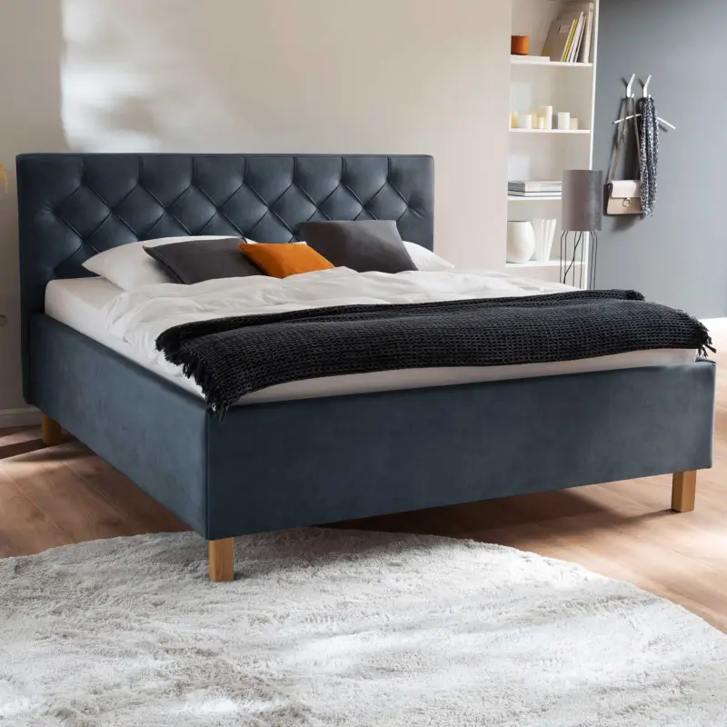 Aanbieding Bed San Marino 160x200cm met opbergruimte kunstleer - blauw/eik