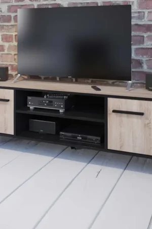 Gecertificeerd Tv-meubel Wilke 2 draaideuren en 3 legplanken-geborstelde eik/matzwart