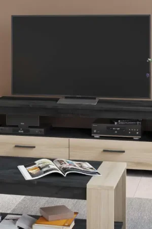 Tv-meubel Shane 2 lades en 1 open vak-Kronberg eik/Sidewalk zwart Korting