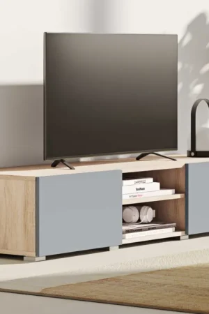 Tv-meubel Polka 140 cm 2 draaideuren, 2 open vakken- eik/celadon grijs Direct Verzonden