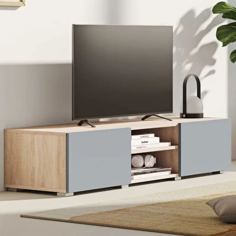 Tv-meubel Polka 140 cm 2 draaideuren, 2 open vakken- eik/celadon grijs Direct Verzonden