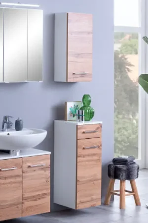 Weekendaanbieding Badkamer Pares: spiegelkast, wastafelonderkast, hangkastjes - eik/wit