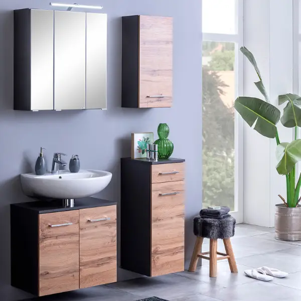 Badkamer Pares: spiegelkast, wastafelonderkast, hangkastjes - grafiet/eik Betaalbaar