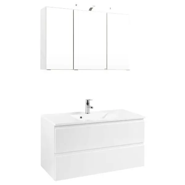 Badkamerset Cardiff | Wastafelmeubel, spiegelkast met verlichting | Wit Nieuw