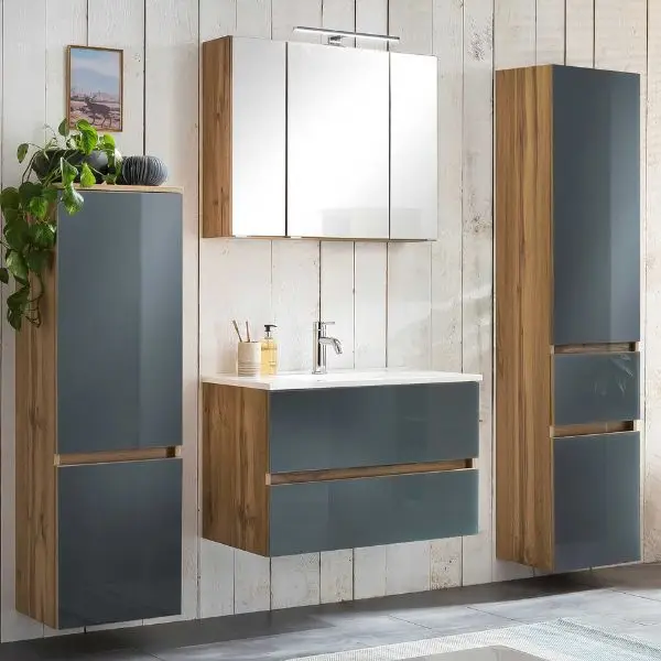 Badkamerset Helsinki | Wastafelkast, spiegelkast, hangkast, kolomkast | Wotan Oak/grijs-design Aanbieding
