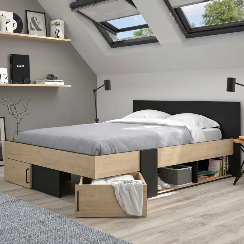 Tweepersoonsbed Swivel | 160 x 200 cm | Met opbergruimte | Helvezia Oak-design Hoge Kwaliteit