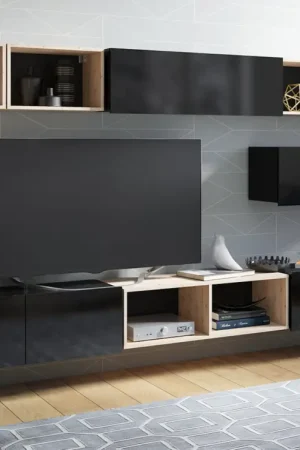 Actieprijs Wandmeubel CALABRIA 26 Zwart / Zwart Glans
