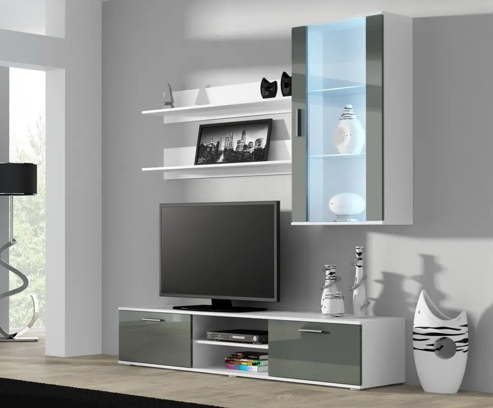 Wandmeubel SINDI 5F Wit / Grijs Glans Direct Beschikbaar