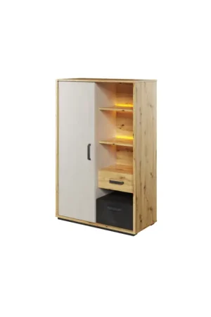 Actieprijs Kast 1-deurs 2 lades met verlichting Artisan eiken / Raw Steel / Silk Flou QUBIC QB05