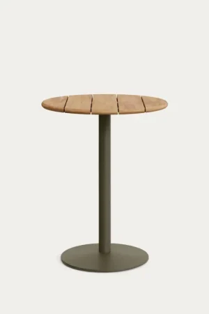 Kave Home Ronde Buitentafel Esilda Hoog met Acacia Tafelblad Ø80cm Groen Onderstel Ø55x96cm Actieprijs