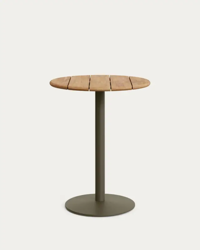Kave Home Ronde Buitentafel Esilda Hoog met Acacia Tafelblad Ø80cm Groen Onderstel Ø55x96cm Actieprijs