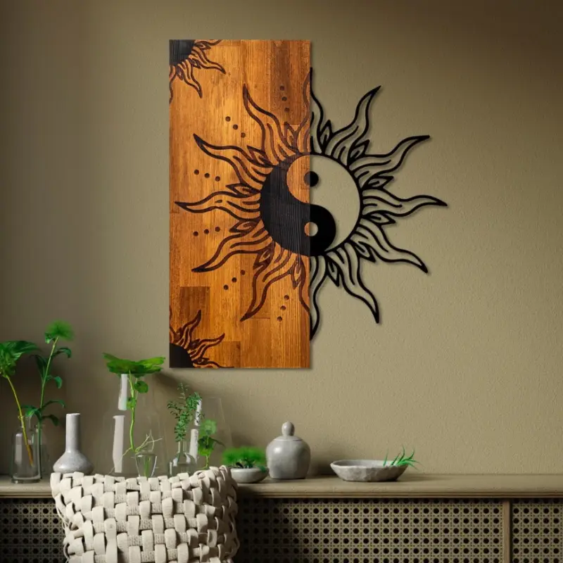 Wanddecoratie 50x58 cm jin jang hout/metaal ​ Finale Uitverkoop