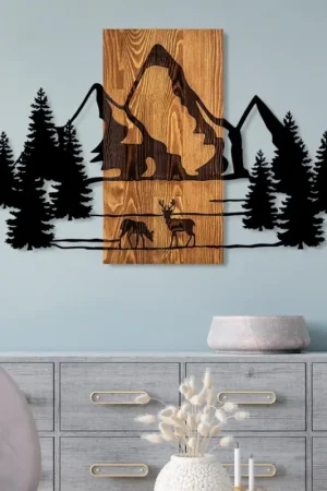 Koopje wand decoratie 88x57 cm bergen hout/metaal