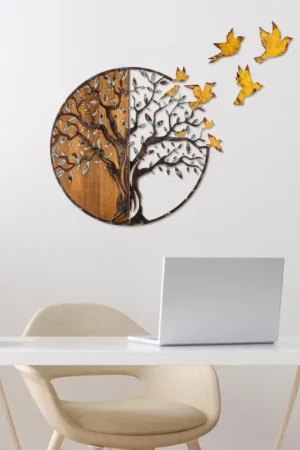 Express Levering wand decoratie 92x71 cm boom en vogels hout/metaal