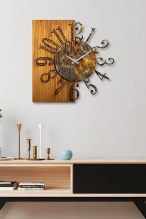 Wand klok 58x58 cm 1xAA hout/metaal Nieuw