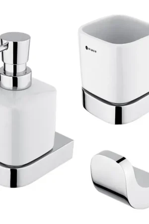 Aanbieding NIMCO NK set-31K-26 - Wandgemonteerde zeepdispenser, tandenborstelhouder en wandhaak NIKAU 320 mm wit/glanzend chroom