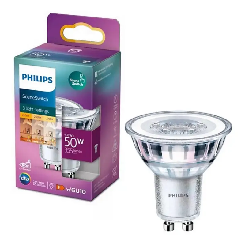 Hete Deal Philips SCENE SWITCH PAR16 GU10 LED-lamp, 4,8W/230V, 2200/2500/2700K — met 3 instelbare kleurtemperaturen