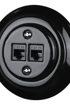 Bohemia-Design - Retro porseleinen Ethernet-wandcontactdoos met afdekraam, 2x CAT5e, zwart Speciale Aanbieding