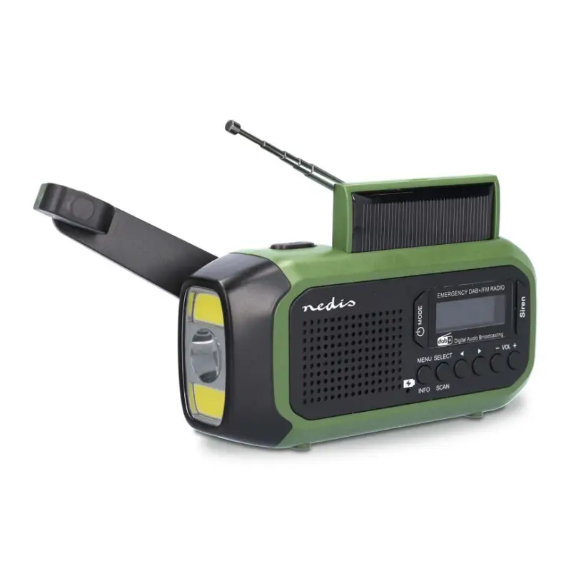 DAB+/FM-radio met handopwinding, zonnepaneel en LED-zaklamp 5V/2500 mAh groen/zwart Tijdelijk Beschikbaar