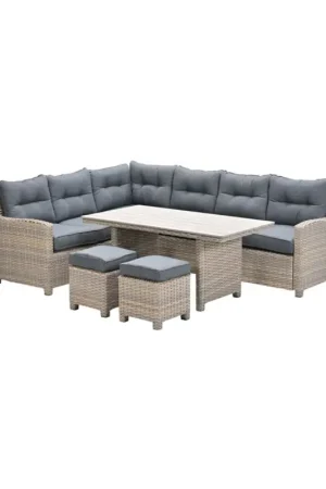 Bahama lounge-diningset - 5-delig - links - vintage willow - wicker - light teak Vironwood Exclusieve Aanbieding