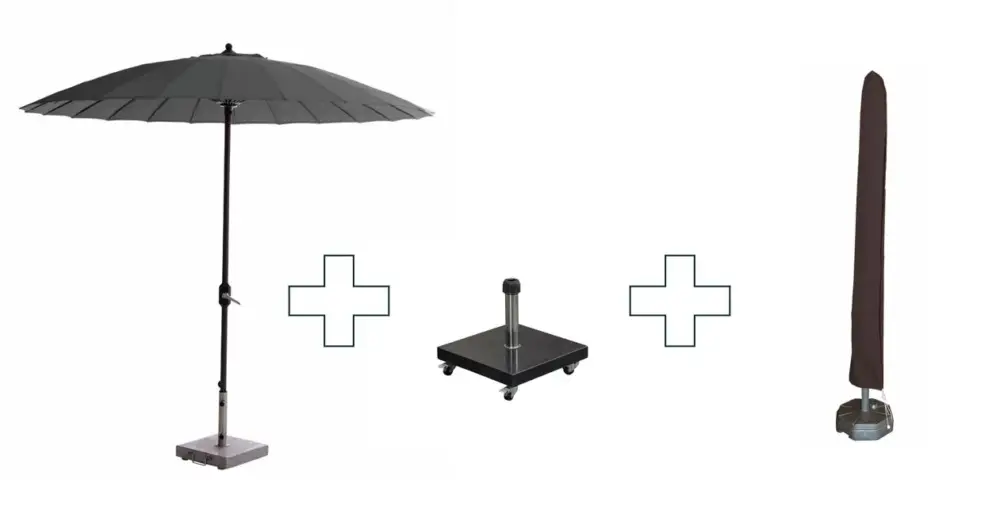Direct Verzonden Set van ronde Manilla parasol - met parasolvoet en beschermhoes - 250 cm - Donkergrijs