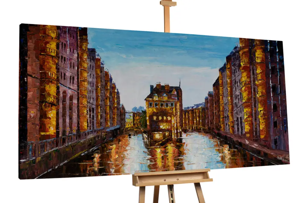 Goedkoop XXL Olieverf schilderijen 'Speicherstadt Hamburg' | Handgeschilderd unicum 200x100cm