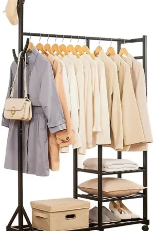 Laatste Versie Eleganca Kledingrek op Wieltjes - Garderoberek - Garderobekast - Bamboe - Zwart - 100 x 38 x 176 cm