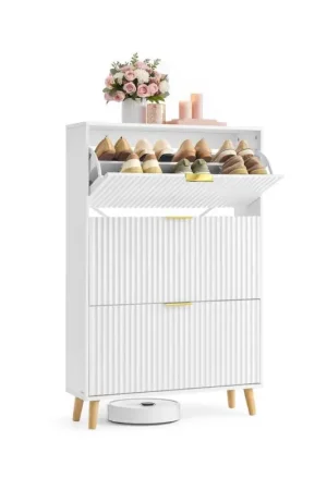 Bestseller Nancy's Povo Schoenenkast - Schoenen opbergen - Geribbelde deuren - Wit - ± 80 x 25 x 125 cm