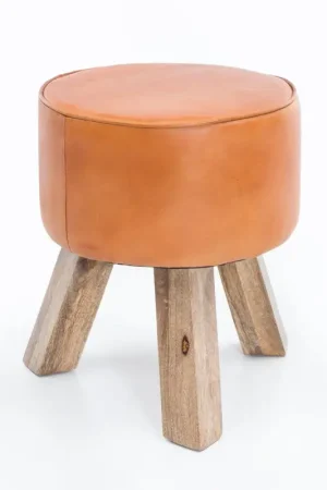 Nu Kopen Nancy's Adrian Krukje - Hocker - Geitenleer / Mangohout - ± Ø 45 x 35 cm