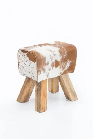 Nancy's Houghton Kruk - Poef - Hocker - Geitenleer - Mangohout - Bruin/Wit - ± 30 x 40 x 50 cm Flitsaanbieding