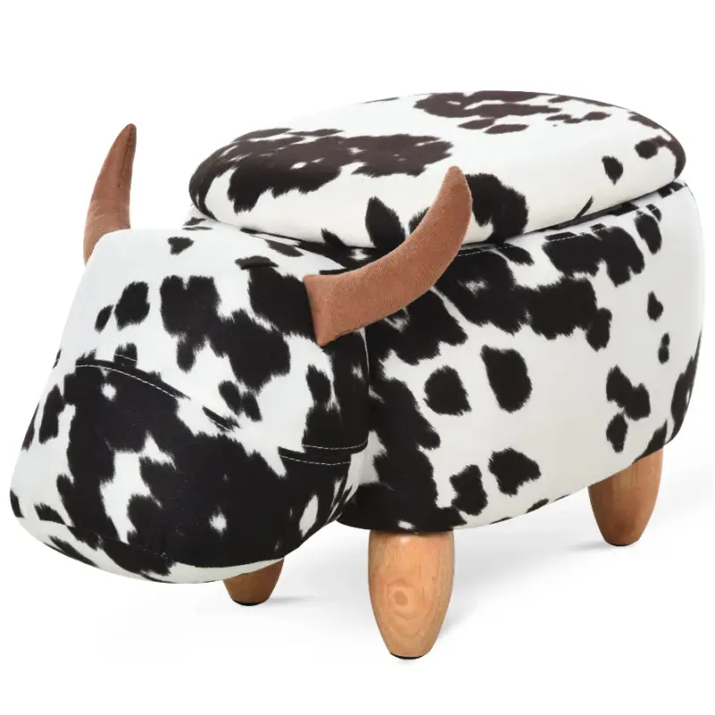 Superprijs Nancy's Milwaukee Hocker - Poef - Koe - Voor Kinderen - Opbergruimte - Zwart / Wit - Stof - Rubberhout - ± 60 x 35 x 35 cm