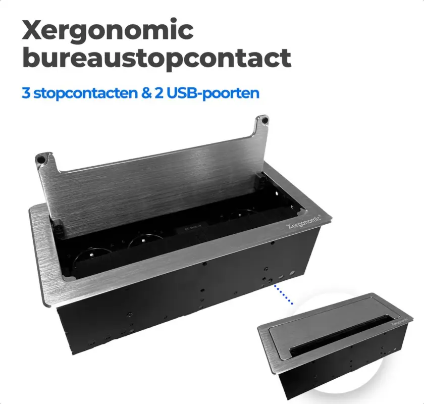 Xergonomic Bureaustopcontact met 3 stopcontacten en 2 USB-poorten Zilver Beperkte Voorraad