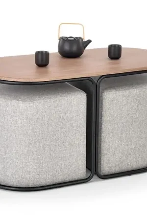 Dagaanbieding Salontafel Pampa Ovaal Bruin Eiken 88cm met 2 grijze Poefjes inbegrepen