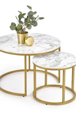 Salontafel 2-delige set Paola Marmer Wit Rond 60/38cm met Gouden onderstel Koop Vandaag