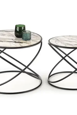 Salontafel 2-delige set Suzanna Rond Marmer Wit 50/40cm met zwart onderstel Voordeelprijs