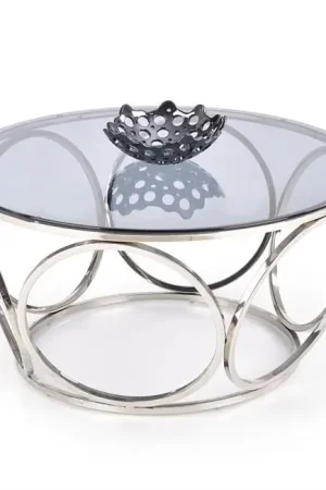 Salontafel Venus Zilver Rond 80cm met Glazen blad gerookt Voordeelprijs