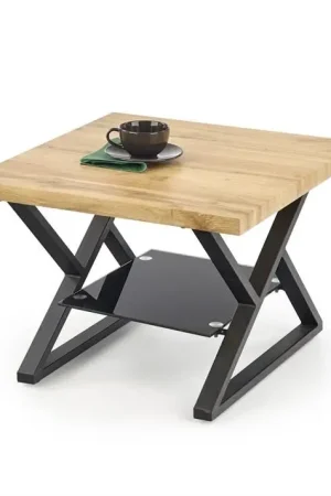 Salontafel Xena Bruin Eiken Vierkant 60cm met Zwart glazen blad en X-poten Bestseller
