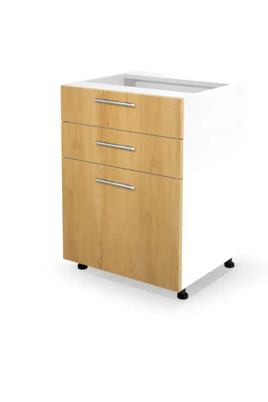 Onderkast keuken 60cm breed Bruin Honing Eiken met 3 lades softclose geleiders en handgrepen Op = Op